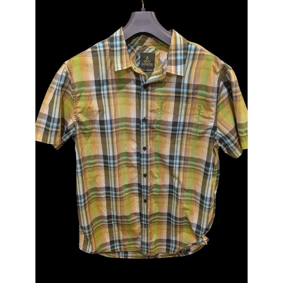 Prana Shirt Mens L Fits Med‎  Yellow Plaid Button Up Short Sleeve Hiking - Picture 1 of 3